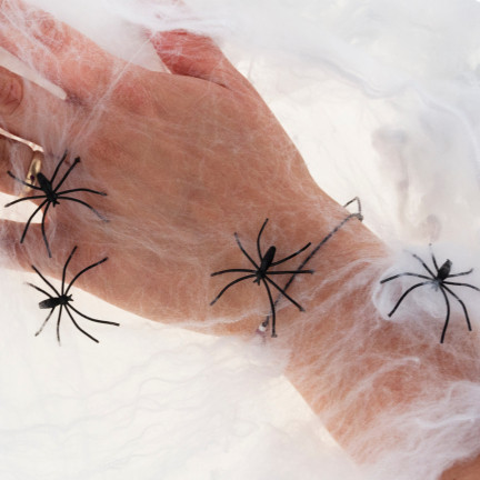 Sztuczna pajęczyna, biała, z pająkami, dekoracja Halloween, 4 pająki