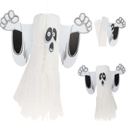 Wisząca dekoracja Halloween, papierowa, biała, duch duszek, 3d, 38cm