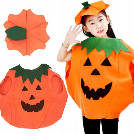 Kostium dynia, z włókniny, pomarańczowy, wzór dyni, dziecięce przebranie Halloween, rozmiar S, komplet