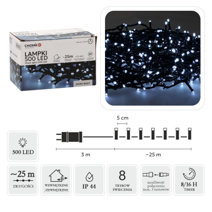 Lampki led 500l, zimne białe, choinkowe, świąteczne, wewnętrzne, zewnętrzne, 3+25m