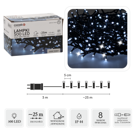Lampki led 500l, zimne białe, choinkowe, świąteczne, wewnętrzne, zewnętrzne, 3+25m