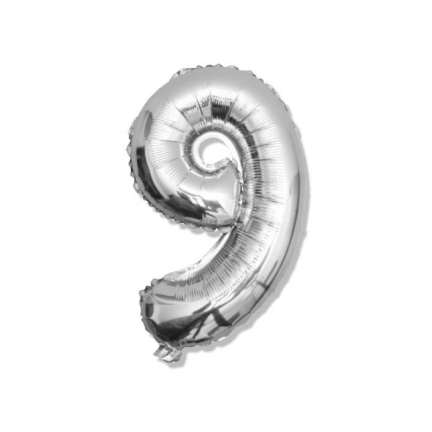 TG48096-9-S BALON CYFERKA 9 SREBRNY URODZINY FOLIOWY CYFRA NA URODZINY POWIETRZE HEL