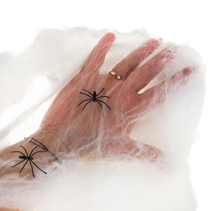 Sztuczna pajęczyna, biała, z pająkami, dekoracja Halloween, 4 pająki