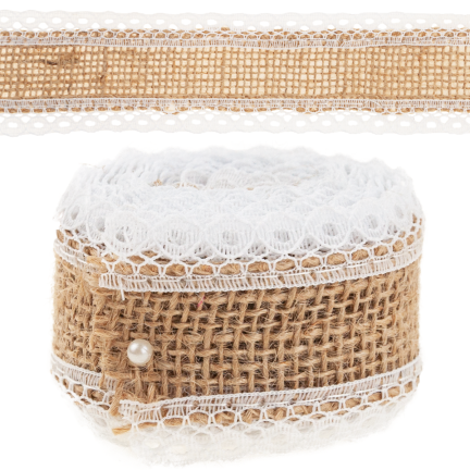 TG40119 WSTĄŻKA JUTA Z KORONKĄ TASIEMKA BOHO JUTOWA NATURALNA DO OZDÓB HANDMADE