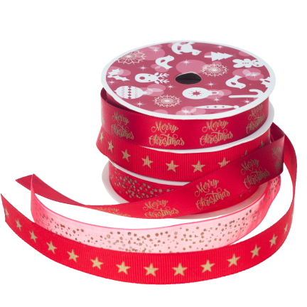 TG44384C WSTĄŻKA do pakowania ozdobna 3SZT CZERWONE ŚWIĘTA