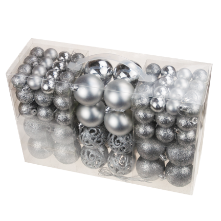 TG53080-1 BOMBKI CHOINKOWE srebrne ZESTAW XXL 100szt WZORY bombka BOMBEK 6/4/3cm