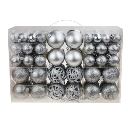 TG53080-1 BOMBKI CHOINKOWE srebrne ZESTAW XXL 100szt WZORY bombka BOMBEK 6/4/3cm