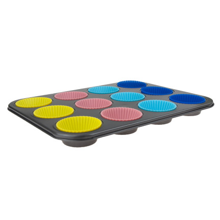 TG56237 BLACHA na MUFFINKI + 12 SILIKONOWYCH FOREMEK do BABECZEK FORMA NA CIASTKA