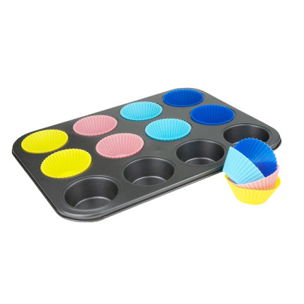 TG56237 BLACHA na MUFFINKI + 12 SILIKONOWYCH FOREMEK do BABECZEK FORMA NA CIASTKA