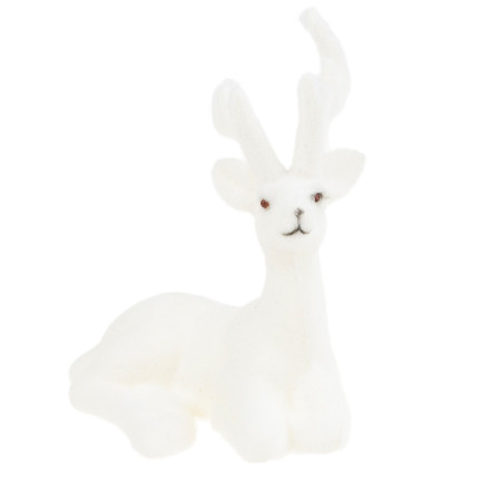 TG56926-1 RENIFER FLOKOWANY OZDOBNY BIAŁY WELUROWY FIGURKA DEKORACJA ŚWIĄTECZNA LEŻĄCY