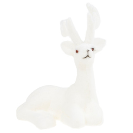 TG56926-1 RENIFER FLOKOWANY OZDOBNY BIAŁY WELUROWY FIGURKA DEKORACJA ŚWIĄTECZNA LEŻĄCY