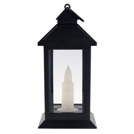 Latarnia lampion led, czarny, na baterie, ciepłe światło, imituje płomień, z rączką, wysokość 17cm