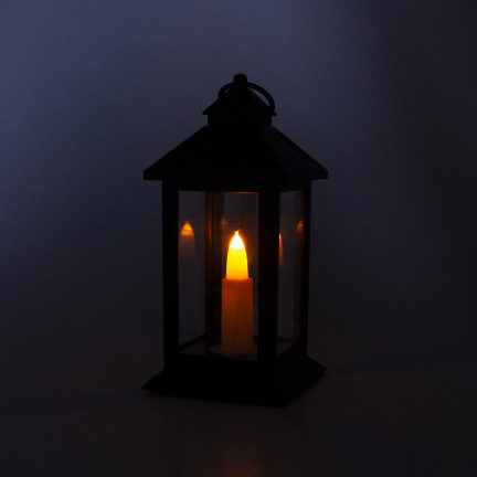 Latarnia lampion led, czarny, na baterie, ciepłe światło, imituje płomień, z rączką, wysokość 17cm