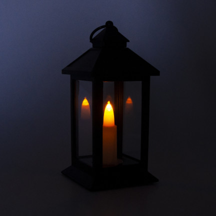 Latarnia lampion led, czarny, na baterie, ciepłe światło, imituje płomień, z rączką, wysokość 17cm
