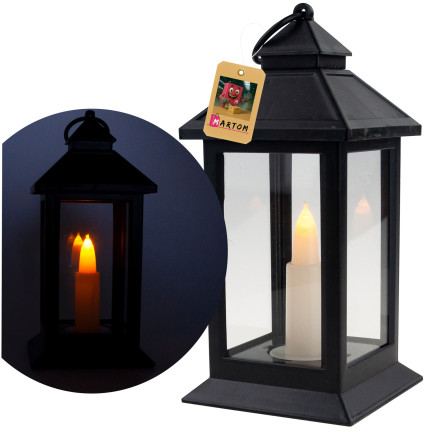Latarnia lampion led, czarny, na baterie, ciepłe światło, imituje płomień, z rączką, wysokość 17cm