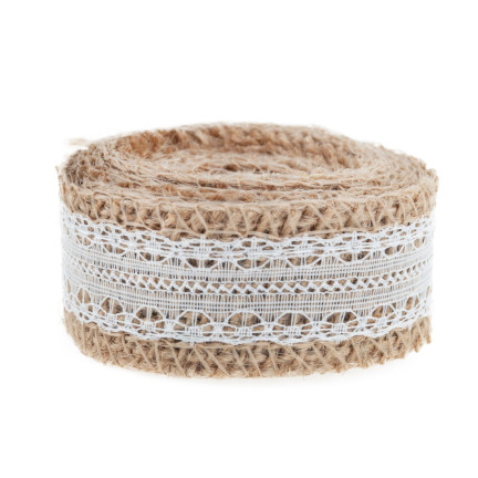 TG40119 WSTĄŻKA JUTA Z KORONKĄ TASIEMKA BOHO JUTOWA NATURALNA DO OZDÓB HANDMADE