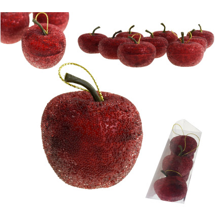 TG61386-3 JABŁKA ZAWIESZKI 9SZT/KPL BOMBKI NA CHOINKĘ BROKATOWE ozdoby JABŁUSZKA 9szt CZERWONE
