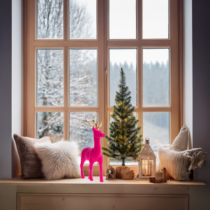 TG61448-7 RENIFER FLIOKOWANY RÓŻOWY  ZŁOTE POROŻE PLASTIK JELEŃ WELUR