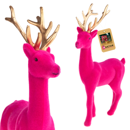 TG61448-7 RENIFER FLIOKOWANY RÓŻOWY  ZŁOTE POROŻE PLASTIK JELEŃ WELUR