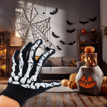 Rękawiczki z nadrukiem, czarne, kości, szkielet, dodatek do kostiumu przebrania, Halloween, uniwersalne, 1 para