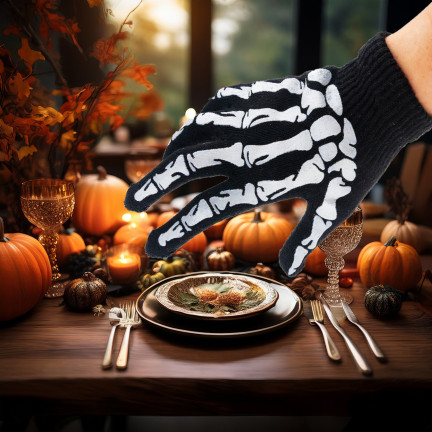 Rękawiczki z nadrukiem, czarne, kości, szkielet, dodatek do kostiumu przebrania, Halloween, uniwersalne, 1 para