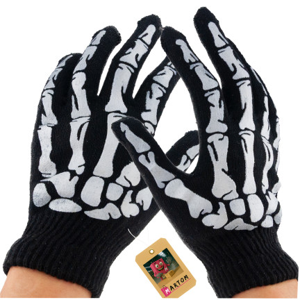 Rękawiczki z nadrukiem, czarne, kości, szkielet, dodatek do kostiumu przebrania, Halloween, uniwersalne, 1 para