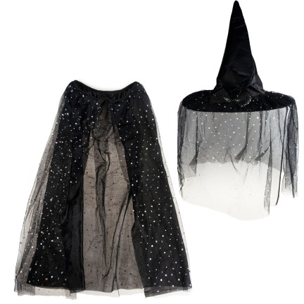 Przebranie czarownicy wiedźmy, czarne, połyskujące, dla dziewczynki, kapelusz i peleryna, strój Halloween, komplet