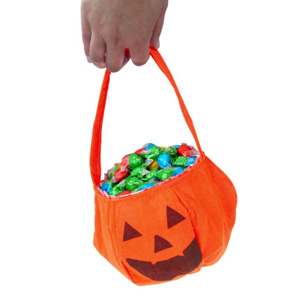 Koszyk na cukierki, torebka na słodycze, pomarańczowa, wzór dyni, z rączką, dekoracja Halloween, 30x17x17 cm