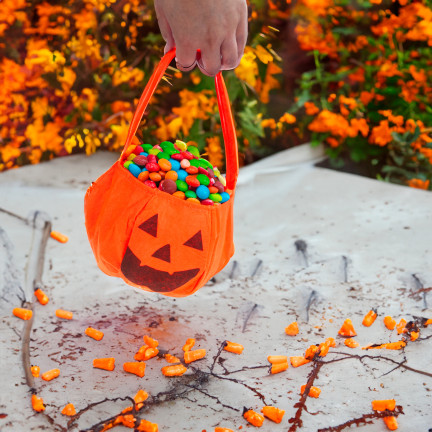 Koszyk na cukierki, torebka na słodycze, pomarańczowa, wzór dyni, z rączką, dekoracja Halloween, 30x17x17 cm