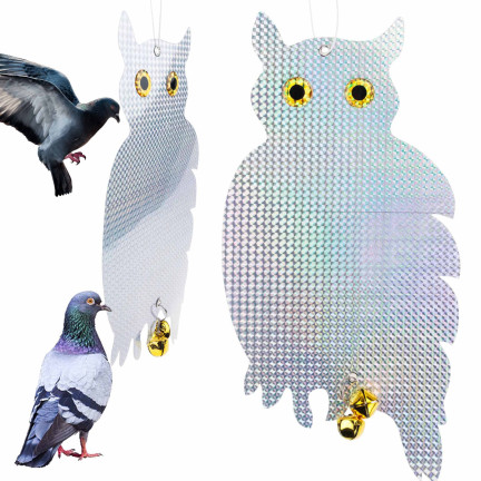TG71383 ODSTRASZACZ GOŁĘBI SZPAKÓW PTAKÓW ODBLASKOWA SOWA siedząca HOLOGRAM DZWONKI