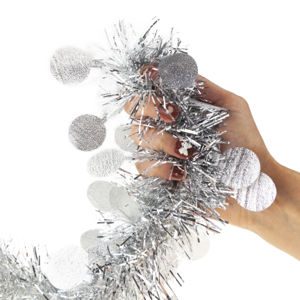 TG76142-1 ŁAŃCUCH CHOINKOWY SZNUR GIRLANDA ŚWIĄTECZNA SREBRNY Z OZDOBAMI