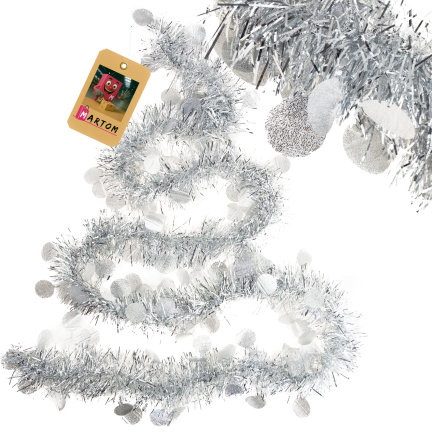 TG76142-1 ŁAŃCUCH CHOINKOWY SZNUR GIRLANDA ŚWIĄTECZNA SREBRNY Z OZDOBAMI