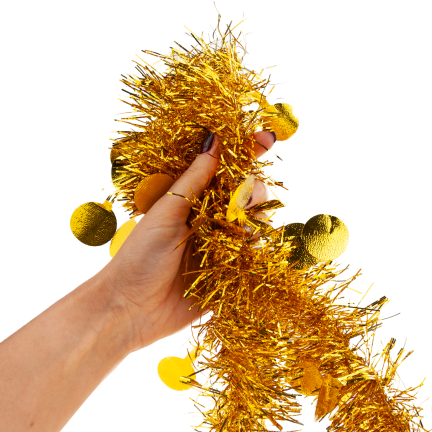 TG76142-2 ŁAŃCUCH CHOINKOWY SZNUR GIRLANDA ŚWIĄTECZNA ZŁOTY Z OZDOBAMI