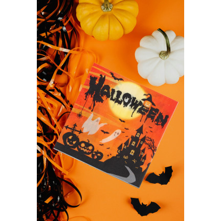 Serwetki papierowe jednorazowe, wzór Halloween, z duszkami, z nietoperzami, zestaw 10szt.