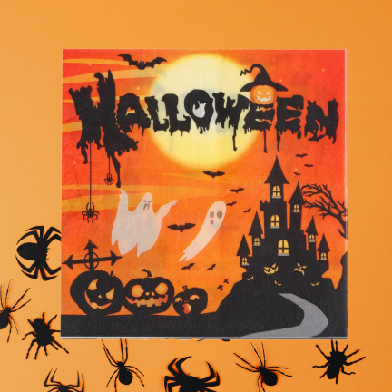 Serwetki papierowe jednorazowe, wzór Halloween, z duszkami, z nietoperzami, zestaw 10szt.