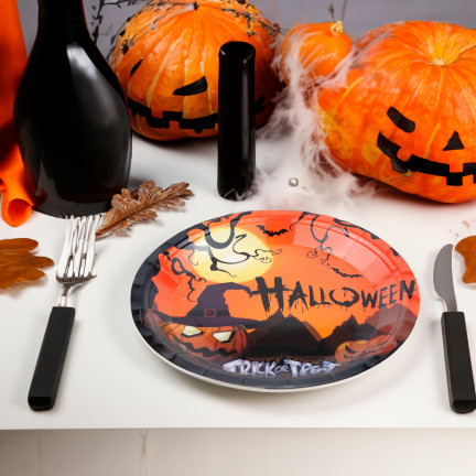 Talerze papierowe jednorazowe, wzór Halloween, z dyniami duchami, zestaw imprezowy, 10szt/kpl