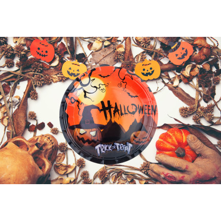 Talerze papierowe jednorazowe, wzór Halloween, z dyniami duchami, zestaw imprezowy, 10szt/kpl