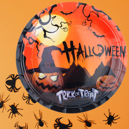 Talerze papierowe jednorazowe, wzór Halloween, z dyniami duchami, zestaw imprezowy, 10szt/kpl