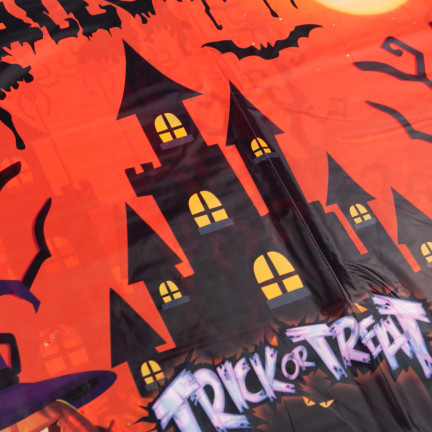 Obrus na stół, z folii, pomarańczowy, dekoracja Halloween, ozdoby stołu, z dyniami, 1szt.