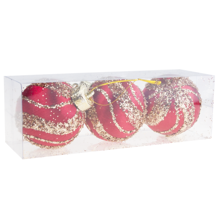 TG78532-3 BOMBKI STYROPIANOWE CZERWONE BORDOWE BROKAT ZAWIESZKA 3SZT