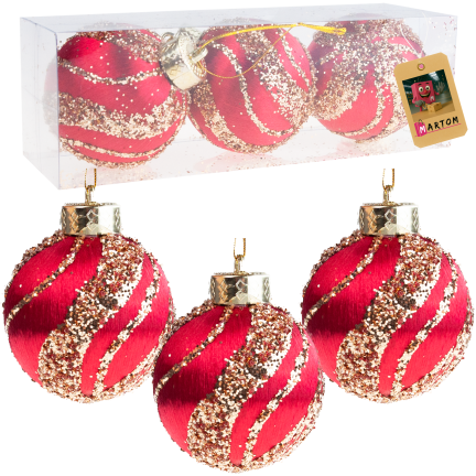 TG78532-3 BOMBKI STYROPIANOWE CZERWONE BORDOWE BROKAT ZAWIESZKA 3SZT