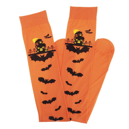 Pończochy zakolanówki, pomarańczowe, motyw Halloween, z nietoperzami, na imprezę, 1 para