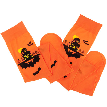 Pończochy zakolanówki, pomarańczowe, motyw Halloween, z nietoperzami, na imprezę, 1 para