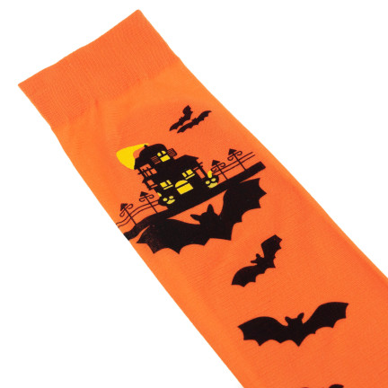 Pończochy zakolanówki, pomarańczowe, motyw Halloween, z nietoperzami, na imprezę, 1 para