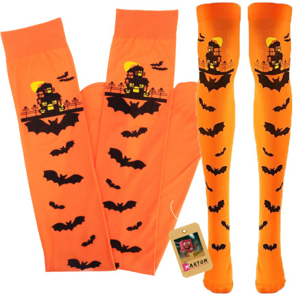 Pończochy zakolanówki, pomarańczowe, motyw Halloween, z nietoperzami, na imprezę, 1 para