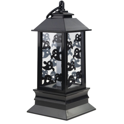 Lampion świeczka led, czarny, z wzorem w duchy, dekoracja Halloween, imituje płomień, 20cm wysokości