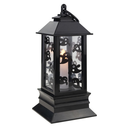 Lampion świeczka led, czarny, z wzorem w duchy, dekoracja Halloween, imituje płomień, 20cm wysokości