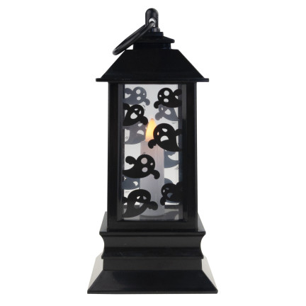 Lampion świeczka led, czarny, z wzorem w duchy, dekoracja Halloween, imituje płomień, 20cm wysokości