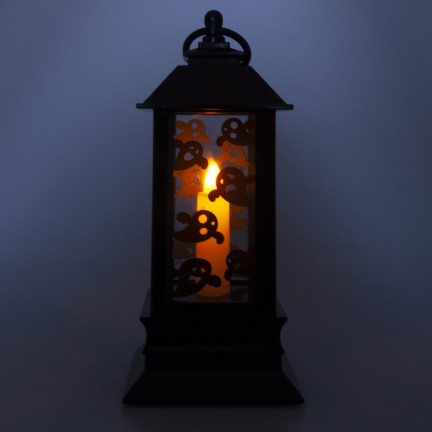 Lampion świeczka led, czarny, z wzorem w duchy, dekoracja Halloween, imituje płomień, 20cm wysokości