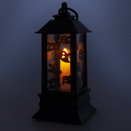 Lampion świeczka led, czarny, z wzorem w duchy, dekoracja Halloween, imituje płomień, 20cm wysokości